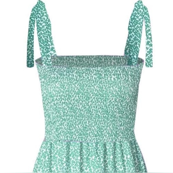 Green Print Summer Maxi Midi Tiered Dress Shoulder Ties Flowy Bohemian Vacation - Picture 6 of 9